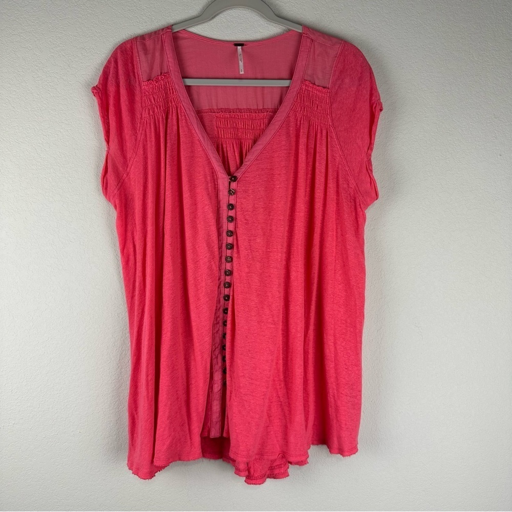 Free People Pink Boho Slouchy Linen Blend Button Up V-Neck Highland Top Small
